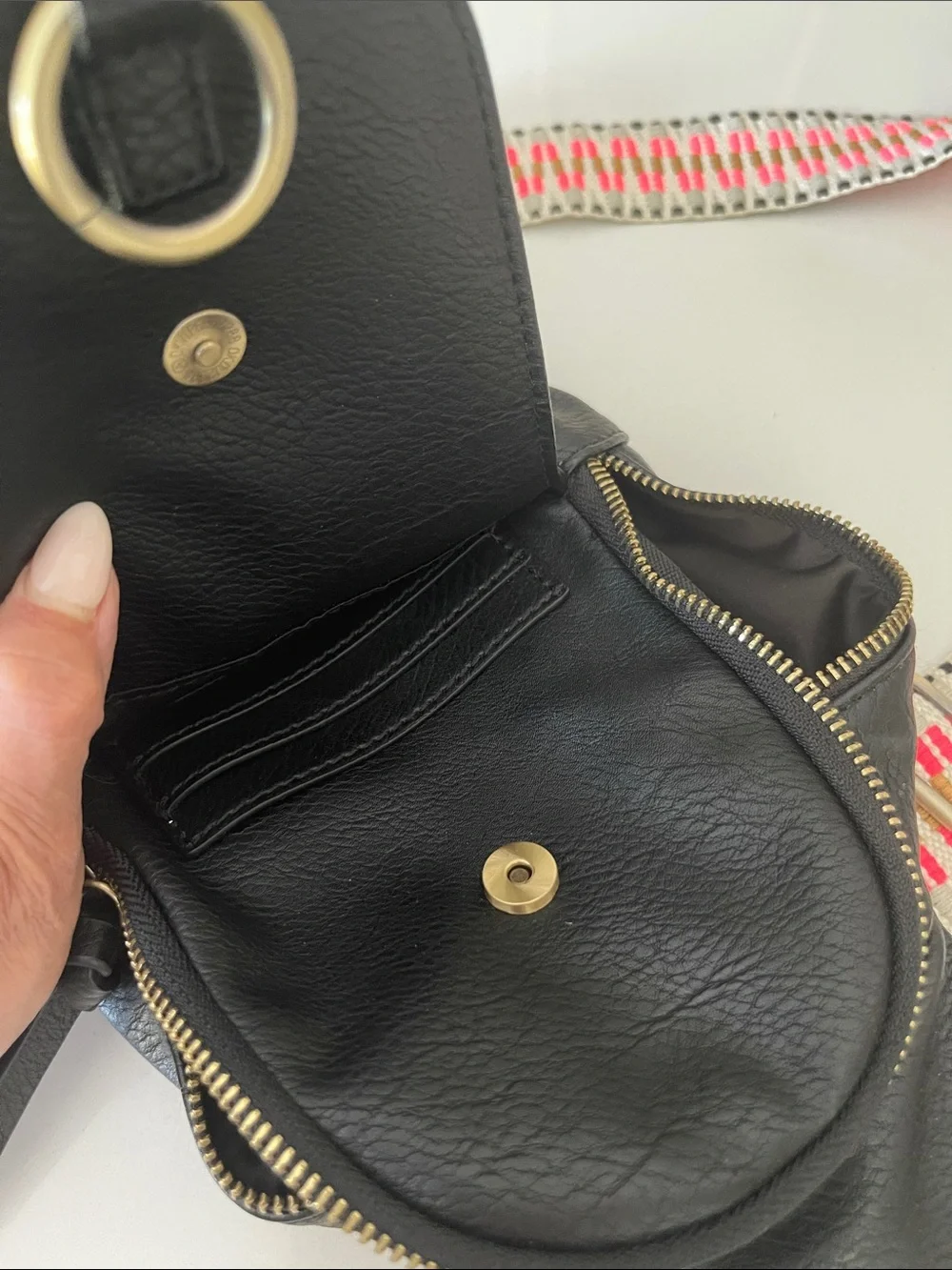 Anthropologie Urban Originals Black Crossbody Bag with Neon Pink and Cream Strap